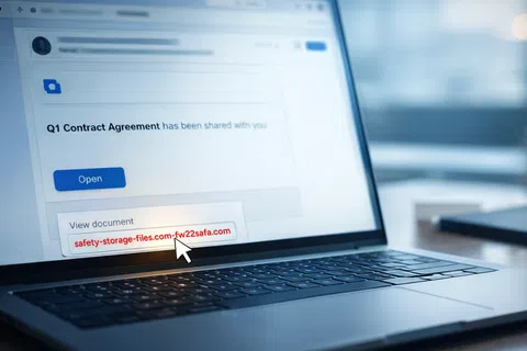 Laptop screen displaying an email with a contract agreement and a suspicious file link highlighted.