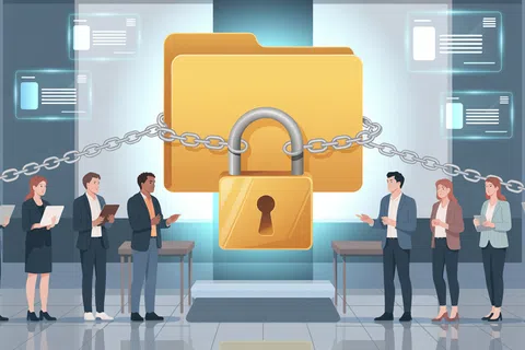 Business professionals around a large locked file folder symbolizing data security and cybersecurity protection.