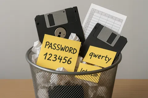 Floppy disks with weak passwords in a trash bin symbolizing poor password security and data protection risks.