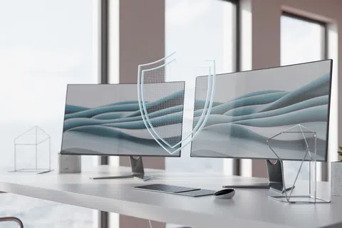 Modern dual monitors on white desk with keyboard, mouse, and digital shield icon representing cybersecurity.