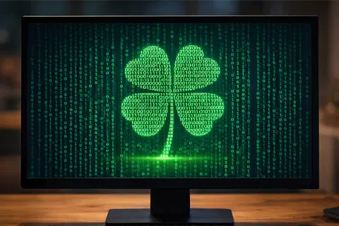 Computer monitor displays a glowing four-leaf clover made of binary code in green programming script.