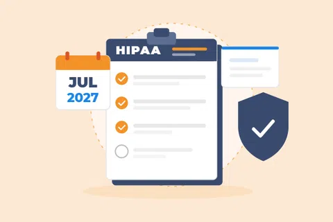 Checklist labeled HIPAA compliance with July 2027 calendar date and security shield icon with checkmark