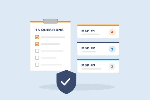 Checklist with 15 questions, MSP rankings with scores, and a shield icon representing security or approval.