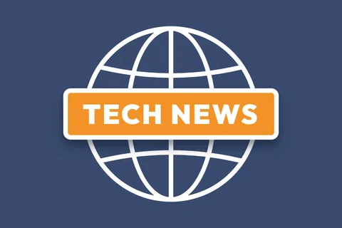 White globe icon with orange TECH NEWS banner on blue background representing global technology updates.