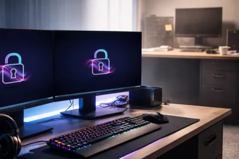 Dual monitors displaying digital padlock icons on a workspace with keyboard, mouse, and headphones in an office.