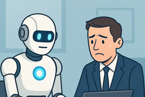 Robot and worried businessman sit at desk using laptop in office setting with framed pictures on wall