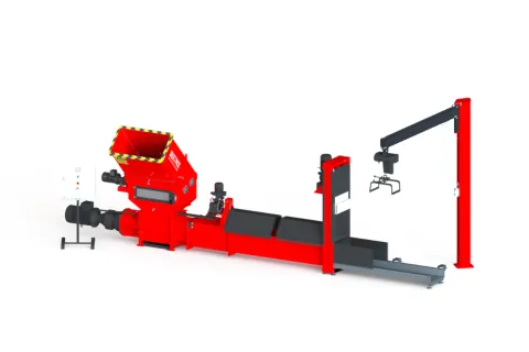 Industrial red waste shredder machine with conveyor belt and lifting arm on white background