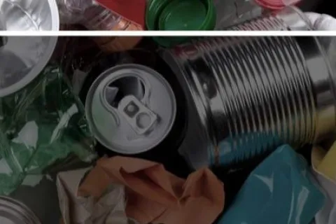 Assorted recyclable materials including metal cans, plastic bottles, and crumpled paper for recycling balers.