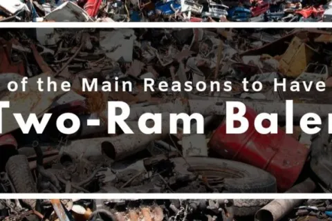 Scrap metal pile background with text highlighting five reasons to have a two-ram baler for metal recycling.
