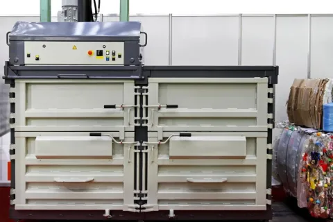 Industrial baler machine compressing recyclables like plastic bottles and cardboard for efficient waste management.