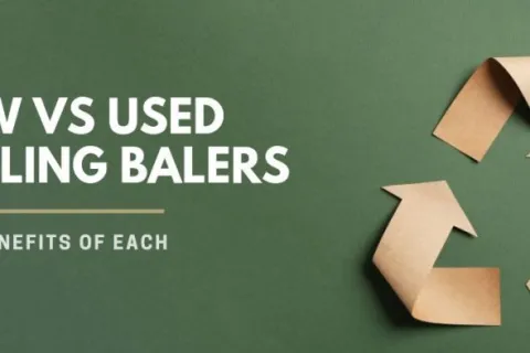 New versus used recycling balers comparison with benefits displayed beside a cardboard recycling symbol on green background