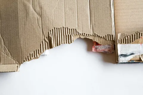 Torn brown corrugated cardboard with exposed ridges laying on a white surface