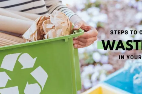 Person holding green recycling bin filled with paper and cardboard for a company waste audit process