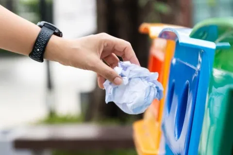 Person disposing crumpled paper into a blue recycling bin next to orange and green bins outdoors.