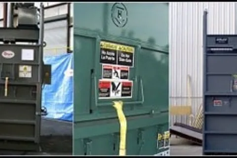 Three industrial balers in a warehouse for compacting recyclable materials like cardboard and plastic.