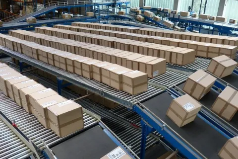Rows of cardboard boxes moving on conveyor belts inside a warehouse shipping facility