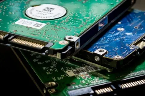 Close-up of stacked green and blue internal hard disk drives on a dark surface with visible connectors.