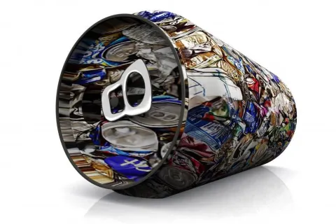 Crushed aluminum cans forming a cone shape with a pull tab visible against a white background