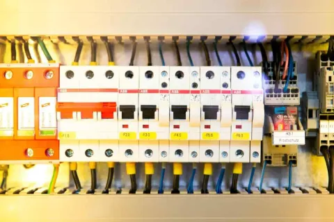 Close-up of circuit breakers and wiring inside an electrical distribution panel with labels and colored wires.