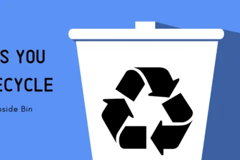 Blue background with white recycling bin showing recycling symbol and text listing items that can't be recycled curbside.