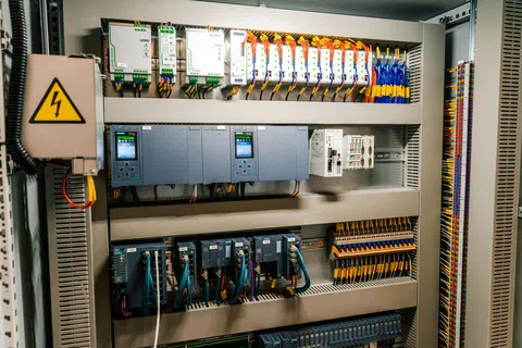 Industrial control panel with wiring, circuit breakers, relays, and programmable logic controllers inside a metal cabinet.