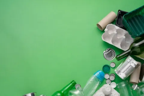 Recyclable materials including plastic bottles, glass bottles, aluminum cans, carton, and caps on green background.