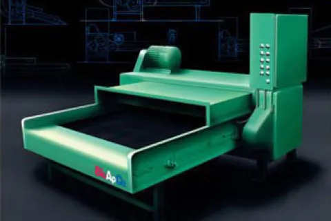 Green industrial conveyor belt machine with control panel on a dark background and technical blueprint overlays