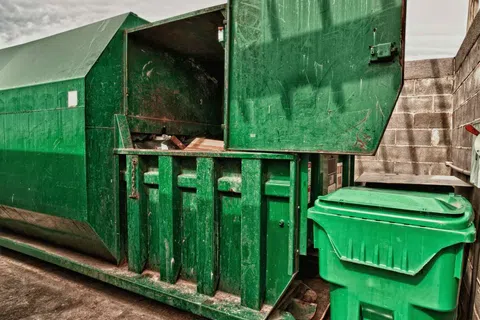 Large green industrial dumpster and green trash bin beside a brick wall on concrete ground under cloudy sky.