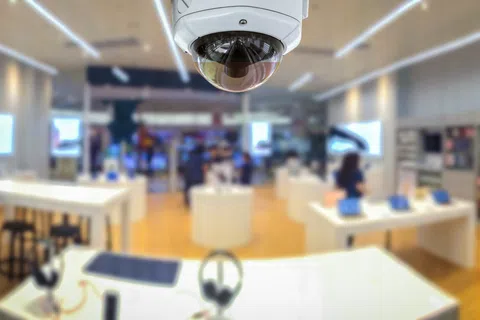 Security camera monitoring a modern retail store with customers and electronic devices on display.