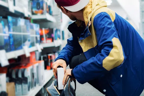 Person in blue and yellow jacket placing a small box into a bag in a store aisle.