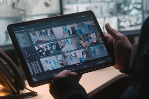 Person holding a tablet showing a security camera surveillance system with multiple live video feeds indoors.
