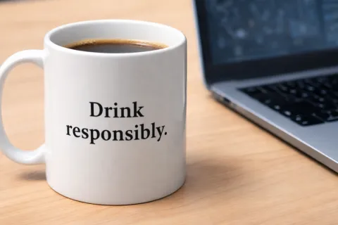 White coffee mug with Drink responsibly text next to a laptop on a wooden desk in a work setting