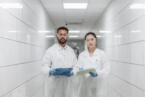 Two scientists wearing lab coats and safety glasses holding clipboards in a bright white laboratory hallway