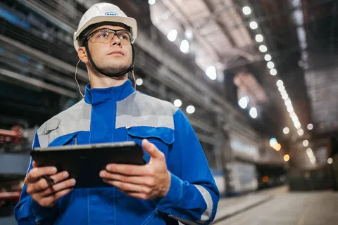 Engineer in blue safety uniform and helmet using tablet inside large industrial warehouse with blurred background.