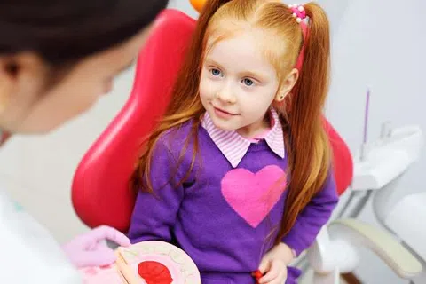 Young girl with red hair learning about dental care from a female dentist holding a mouth model.