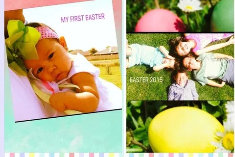 Easter collage with baby’s first Easter photo, colorful eggs, and children lying on grass in 2015 celebration.