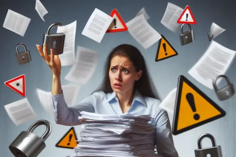 Stressed woman holding large stack of papers surrounded by floating papers, locks, and warning signs.