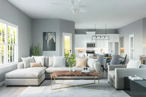 a living room filled with modern furniture and a large window