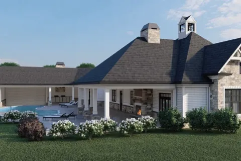 an amenity center with a pool in the front