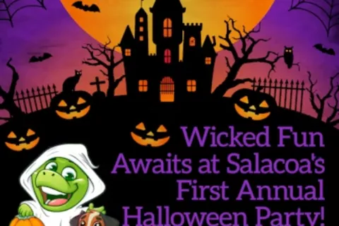 Cartoon turtle in ghost costume and dog with Halloween castle, pumpkins, and bats, promoting annual Halloween party.