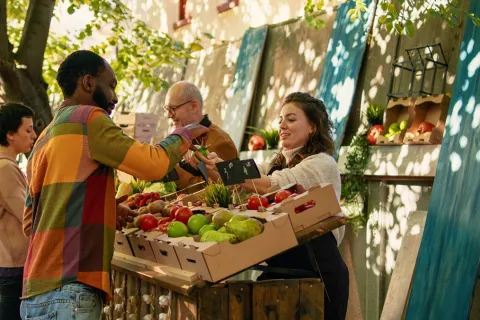 a group of people standing outside a fruit stand