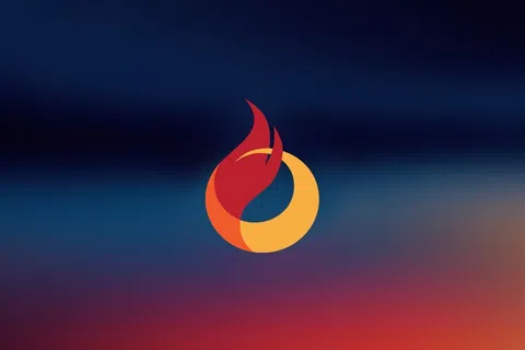 Flame and circular ring logo in red and orange on blurred gradient background of blue and orange hues