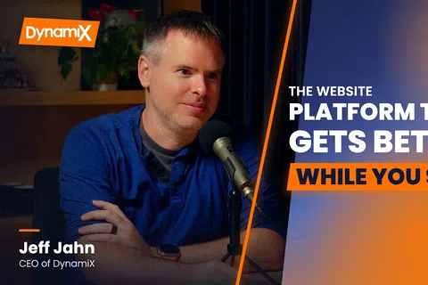 Jeff Jahn, CEO of DynamiX, speaking into a microphone with company logo and tagline about website platform improvement.