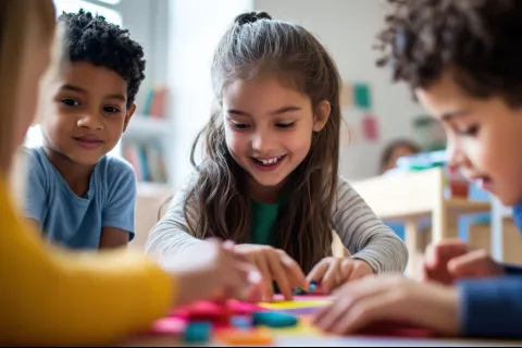 Children engaging in a creative activity, smiling and playing with colorful building blocks.