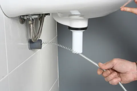 Person using a plumbing snake to clear a clogged sink drain in a modern bathroom setting.