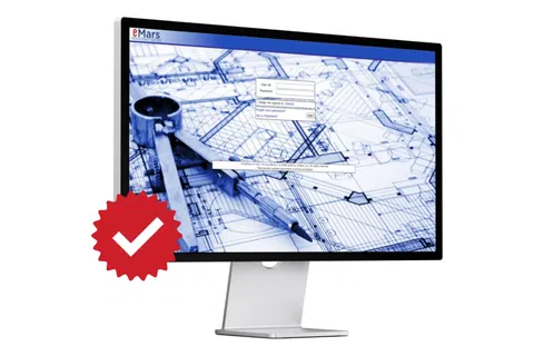 Computer monitor displaying architectural blueprints with overlaid login screen and red checkmark icon.