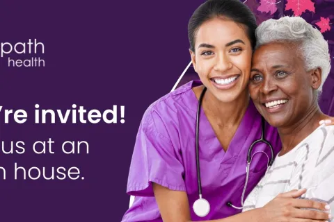 Smiling nurse in purple scrubs hugging elderly woman with text inviting to an open house at Empath Health.
