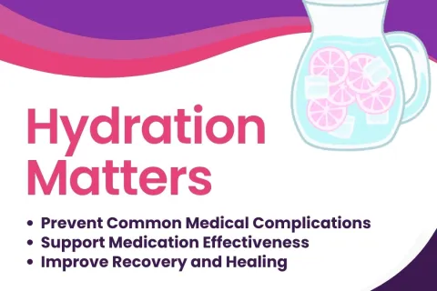 Hydration Matters text with benefits listed and illustration of a pitcher with water, lemon slices, and ice cubes.