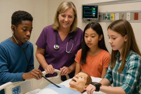 Healthcare instructor guiding students through a hands‑on simulation exercise using a manikin to teach basic clinical skills.