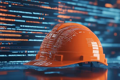 Orange construction helmet with digital code reflections symbolizing technology integration in construction.